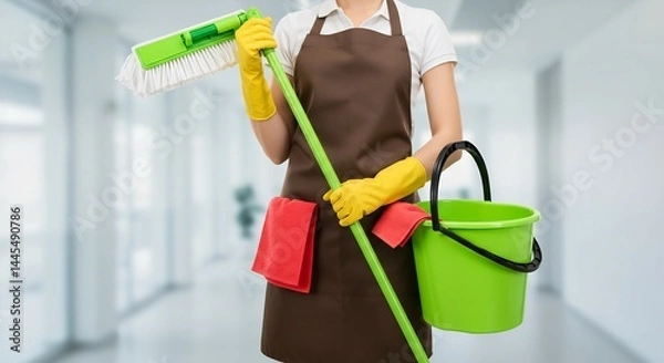 Obraz Woman in Cleaning Apron Holding Mop and Bucket in Modern Office Building