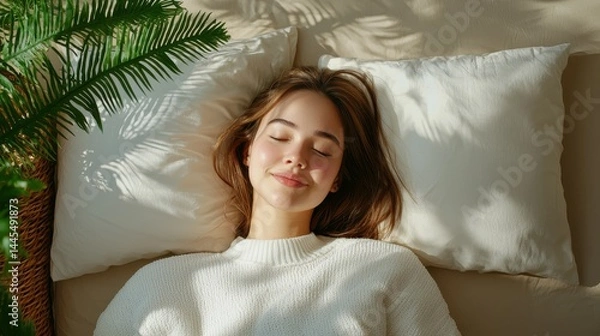 Obraz Relaxed young woman with long brown hair lying on soft pillows, embracing tranquility.