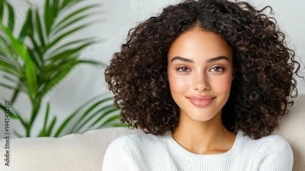 Obraz Smiling young woman with curly hair sitting comfortably in a bright room