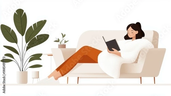 Obraz A young woman reading a book while relaxing on a cozy sofa, surrounded by indoor plants.