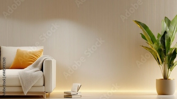 Obraz Modern living room with a beige sofa, decorative cushions, and a lush green plant.