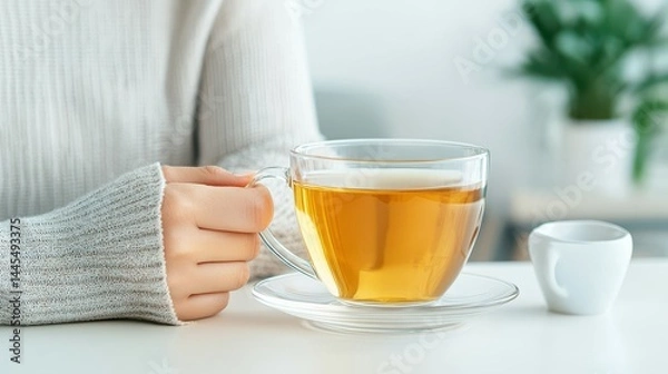 Obraz A serene moment: a woman enjoying a cup of tea in a cozy, bright setting.