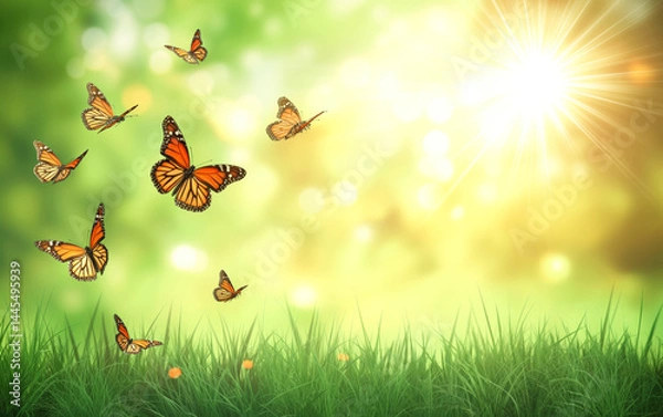 Fototapeta Dozens of monarch butterflies glowing in golden sunlight above fresh spring grass, symbolizing transformation and renewal.