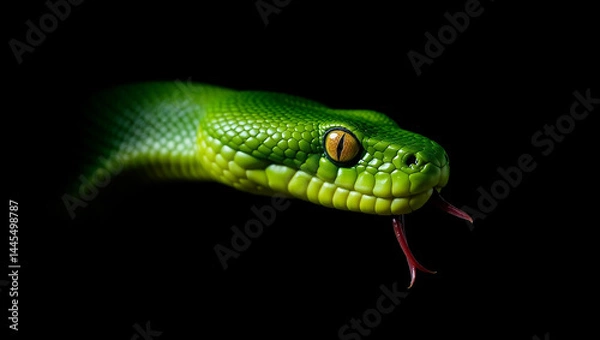Fototapeta A bright green snake with smooth scales stared intently from the darkness.