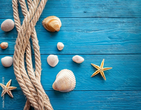 Fototapeta Blank copy space mockup surrounded by seashells  creating a nautical themed mockup
