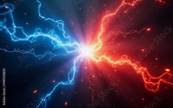 Fototapeta Clashing energy, vibrant blue and red lightning bolts collide in a fiery, dark expanse. Sparks fly, creating a dramatic, intense light show.