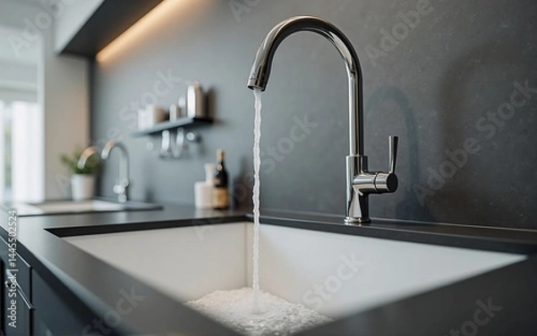 Fototapeta Modern kitchen with sleek chrome faucet and dark countertop. Water flows into a clean, white sink.  Minimalist design.