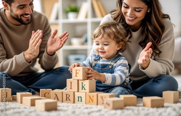 Fototapeta A happy family plays with alphabet blocks on a rug, the parents clapping in encouragement as their toddler builds a tower.  Joyful moments of family bonding and early childhood development are capture