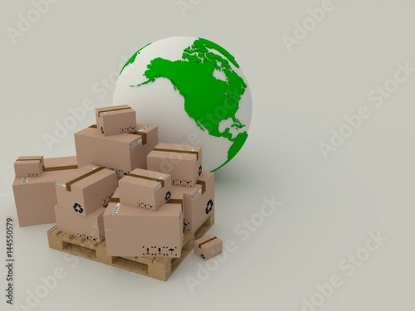Fototapeta globe icon and pallet with boxes, world delivery. 3d render.