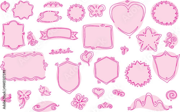 Fototapeta Set of curved line frames with pink fills, scribbled, hand drawn: heart shape, rectangle frames, hexagon, star shape, shields, ribbon label, flower labels