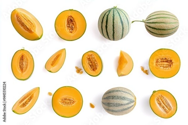 Fototapeta Overhead macro photograph of honeydew melon centered on spotless white background, diffused light highlighting smooth rind pattern for minimalist recipe graphics.