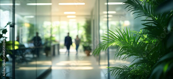 Obraz Bright green plants inside a modern office with glass walls and blurred people in motion, symbolizing eco-friendly workspaces and natural light design