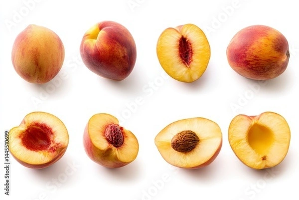 Fototapeta Side-angle macro shot of ripe peach highlighting fuzzy texture and gentle light gradients, studio lighting, white background for artisan jam labels.