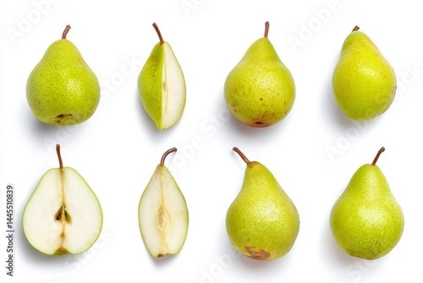 Fototapeta Overhead macro photo of pear revealing tapered profile and subtle speckles, diffused studio light, white background for clean nutrition planners.