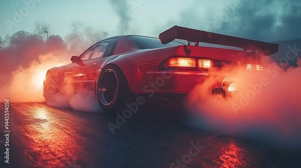 Obraz Fast, red sports car drifting in smoky haze.