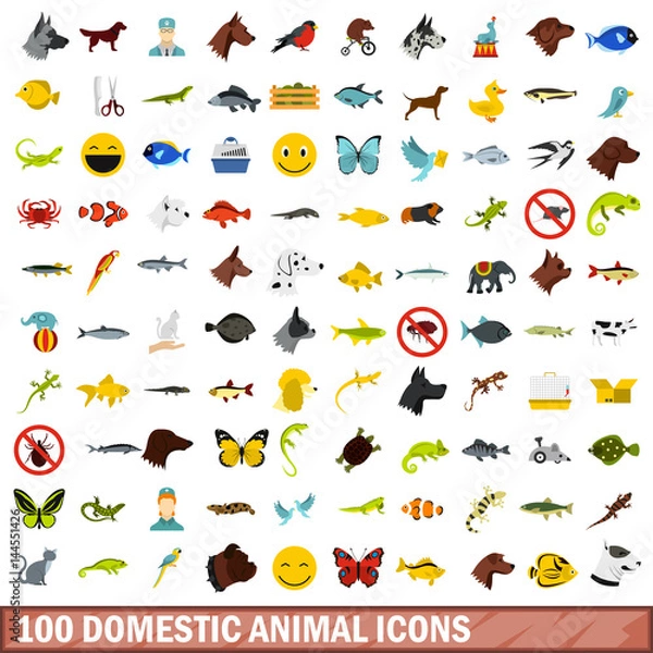 Obraz 100 domestic animal icons set, flat style