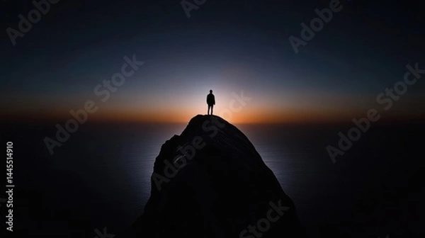 Fototapeta Silhouette of a person standing atop a mountain peak at dawn, overlooking the vast ocean