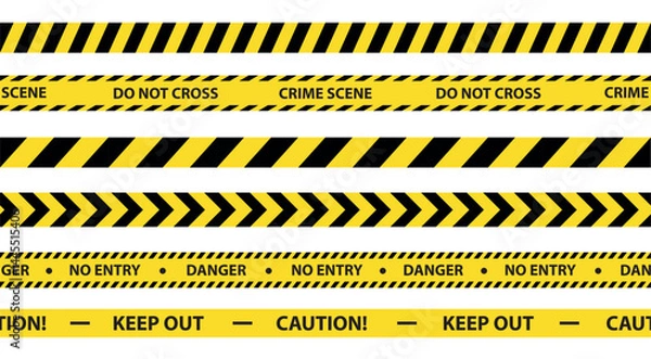 Obraz Vector collection of yellow striped police tape in seamless pattern - crime scene, danger, no entry, caution, warning