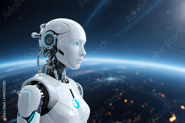 Fototapeta Artificial intelligence robot standing in front of the cosmic planet