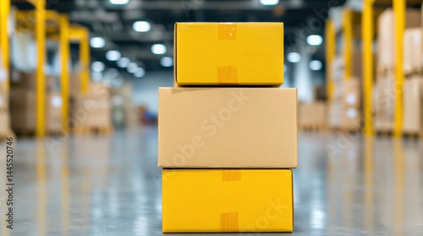 Fototapeta Stacked yellow packages in warehouse, symbolizing e commerce logistics and delivery challenges
