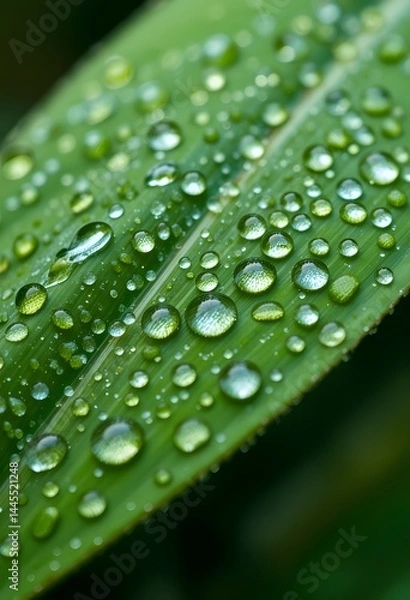 Fototapeta Dew Drops On Leaf, A World Reflected, Tiny Raindrops Clinging. Miniature Lenses On Emerald Green, A Glimpse Of Beauty, Nature's Art Captured. The Surrounding Environment Is Seen.