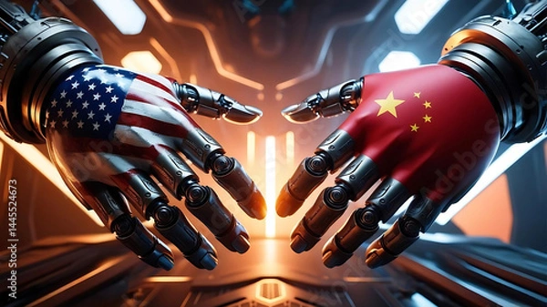 Obraz Two robotic hands are holding up a flag of the United States and China