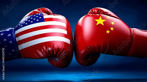 Obraz Two boxing gloves with the American flag on one and the Chinese flag on the other. The gloves are red and black
