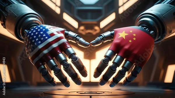 Obraz Two robotic hands are holding up a flag of the United States and China