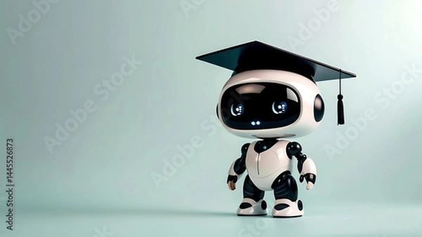 Fototapeta Humanoid robot wearing graduation cap symbolizes education and technological advancement in a playful way, Concept of education, reading, school and machine learning