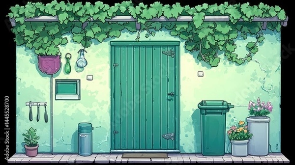 Obraz A quaint cartoon illustration of a green door and wall