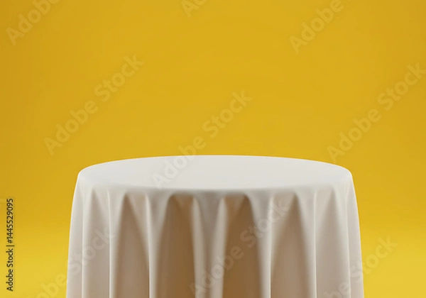 Fototapeta Table covered with white cloth against a yellow background