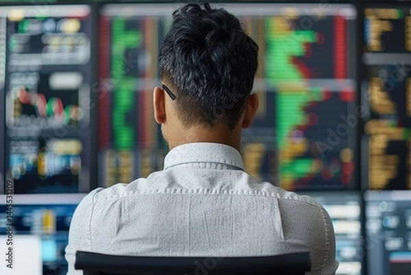 Fototapeta Professional analyzing financial data on multiple screens.