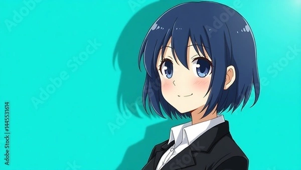 Fototapeta Anime-style digital illustration of a confident young woman with dark blue hair and large expressive eyes, dressed in a black blazer against a vibrant turquoise background.