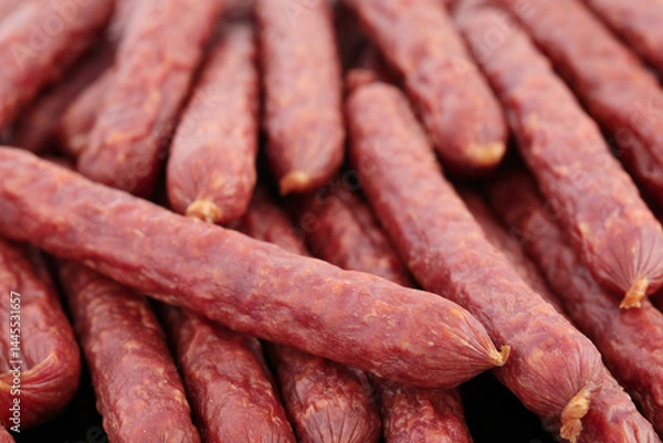 Obraz Background of Beef Bavarian Sausages close-up, food concept for backgrounds and backdrops