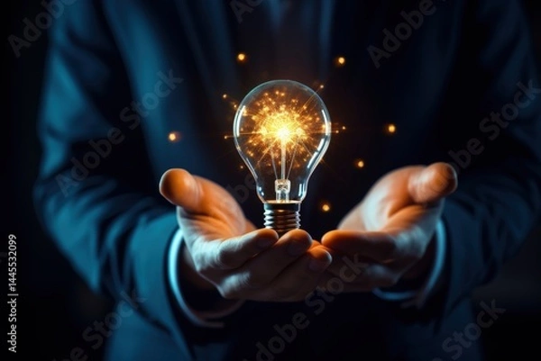 Fototapeta A glowing light bulb with sparks is held gently between two hands, symbolizing creativity and innovation.