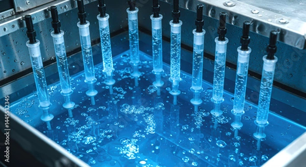 Fototapeta Test tubes filled with blue chemical solution arranged in lab rack scientific research. Chemical testing, scientific experiment, lab setup concept.