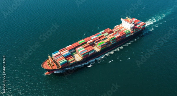 Fototapeta Aerial drone view cargo container ship moving smoothly across calm blue sea water. Smooth sailing, maritime transport, freight shipping concept.