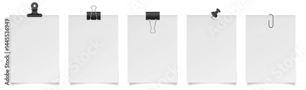 Fototapeta Set of white paper notes with binder clips, bulldog clip, paper clip and push pin. White sheets of paper. Black holders