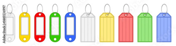 Obraz Set of multicolored key tags with split ring and window. White, yellow, red, blue and green labels. Keyring, keychain