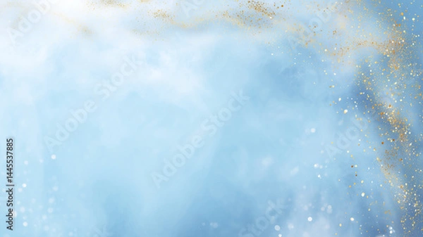 Fototapeta Soft pastel blue background with upper gold glitter and lower light mist texture, elegant abstract composition for festive design, winter branding, or luxury visuals