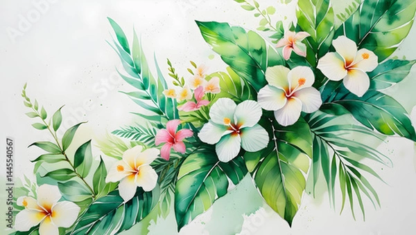 Obraz Delicate watercolor tropical flowers and green leaves arrangement isolated on clean white backdrop