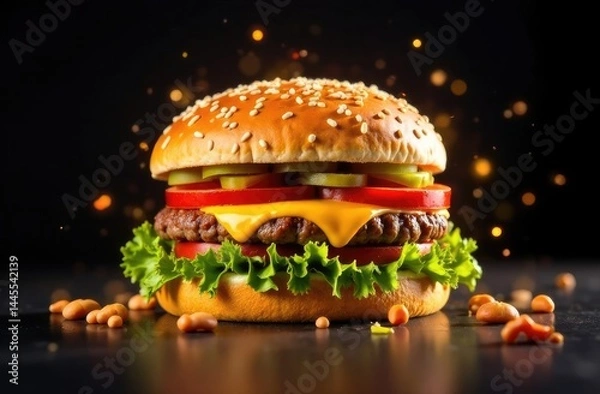 Fototapeta Mouthwatering cheeseburger with fresh toppings on a dark background
