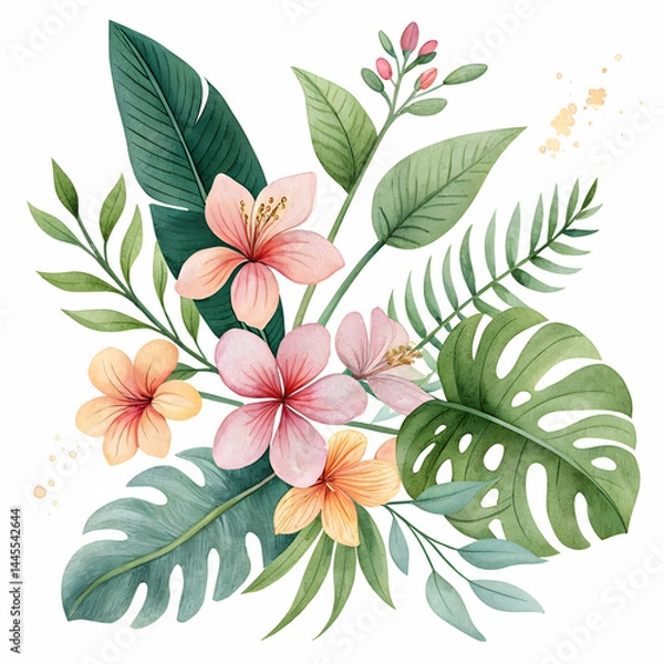 Obraz Delicate watercolor tropical flowers and green leaves arrangement isolated on clean white backdrop