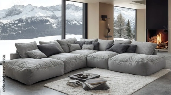 Obraz A comfortable gray modular sofa is in a modern living space