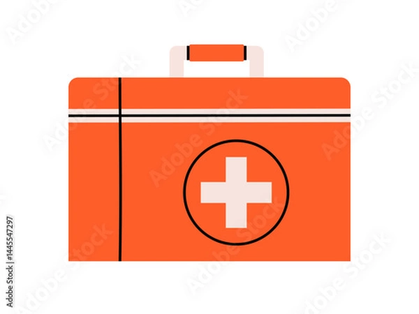 Obraz Hand drawn cute cartoon illustration of first aid box. Flat vector emergency kit with medicine doodle. Health care treatment sticker, icon. Medicine chest. Urgency help or support. Isolated.