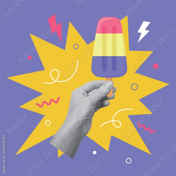 Fototapeta Collage design with hand holding ice cream. Summertime, vacations concept. Vector illustration