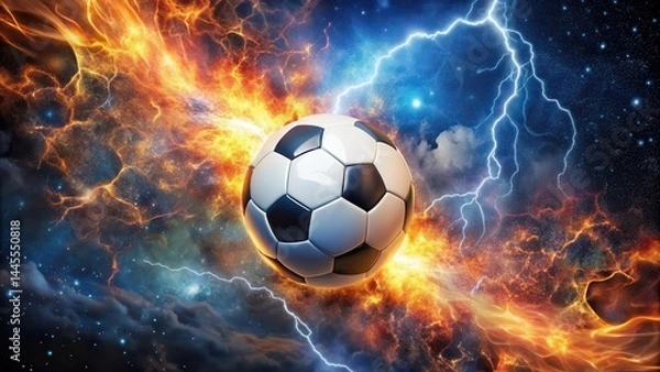 Fototapeta Soccer ball surrounded by flames and lightning bolts illuminating a dark night sky with stars and galaxies in the background