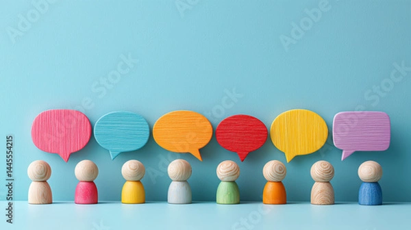 Obraz 多様な意見を象徴する色とりどりの人形と吹き出し | 明るい青背景