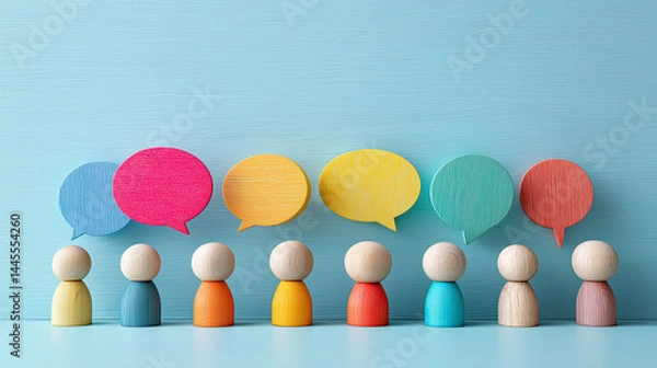 Obraz 多様な意見を象徴する色とりどりの人形と吹き出し | 明るい青背景