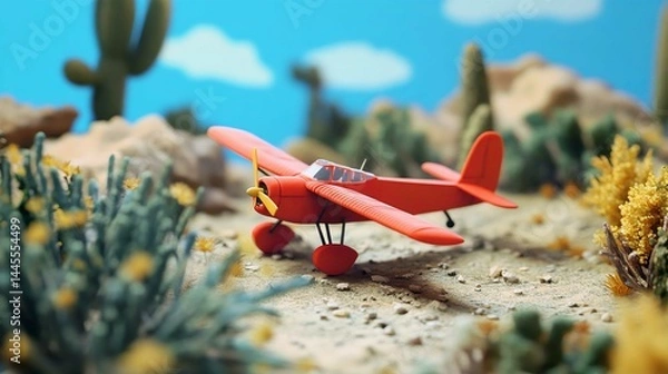 Fototapeta Vintage Red Biplane Flying in the Clear Sky Illustration